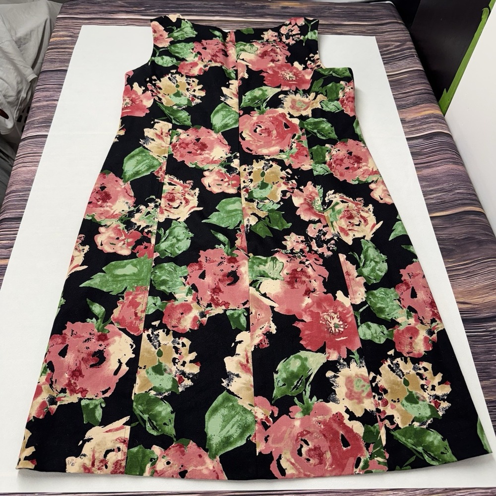 Talbots Floral Sheath Dress Womens 16 Black Pink V-Neck Cotton Blend Stretch - Picture 7 of 14